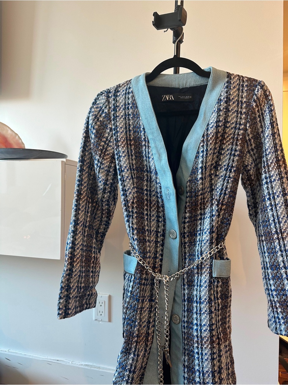 Zara Blue Plaid Longline Coat with Chain Belt